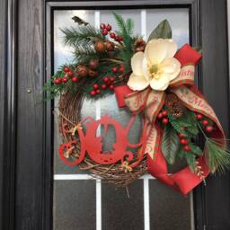 Farmhouse Christmas Wreath Deluxe Magnolia Wreath With Joy Word Sign, Front Door Decor, Holiday - thumbnail 2