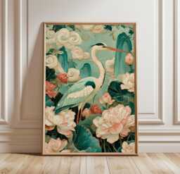 Heron & Lotus Poster, Botanical Wall Art, Nature Print - thumbnail 1