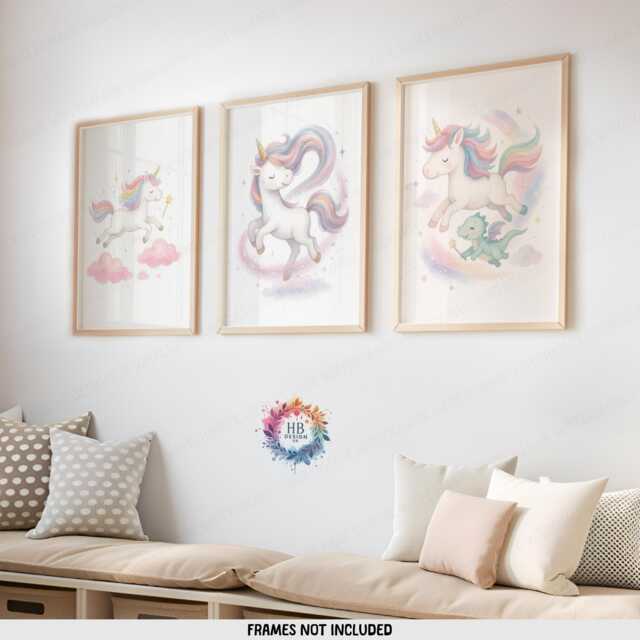 Girls Unicorn Nursery Prints - Set Of 3 - Girl Bedroom Decor Rainbow Wall Art Print - image 1