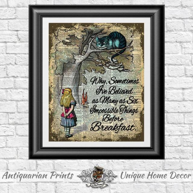 Dictionary Book Page Print Alice in Wonderland & Cheshire Cat. Art On Old Page, Wall Decor Six Impossible Things Quote - image 1