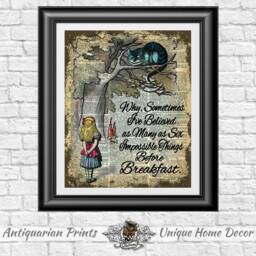 Dictionary Book Page Print Alice in Wonderland & Cheshire Cat. Art On Old Page, Wall Decor Six Impossible Things Quote - thumbnail 1