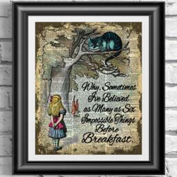 Dictionary Book Page Print Alice in Wonderland & Cheshire Cat. Art On Old Page, Wall Decor Six Impossible Things Quote - thumbnail 2