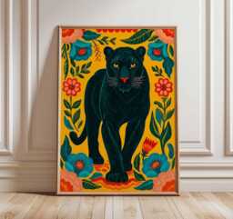 Black Panther Wall Art Print, Bold Jungle Animal Poster, Vibrant Botanical Illustration, Modern Wildlife Artwork, Exotic Home Decor - thumbnail 1