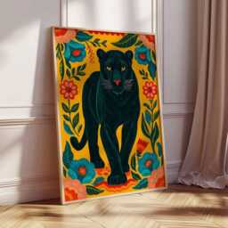 Black Panther Wall Art Print, Bold Jungle Animal Poster, Vibrant Botanical Illustration, Modern Wildlife Artwork, Exotic Home Decor - thumbnail 2