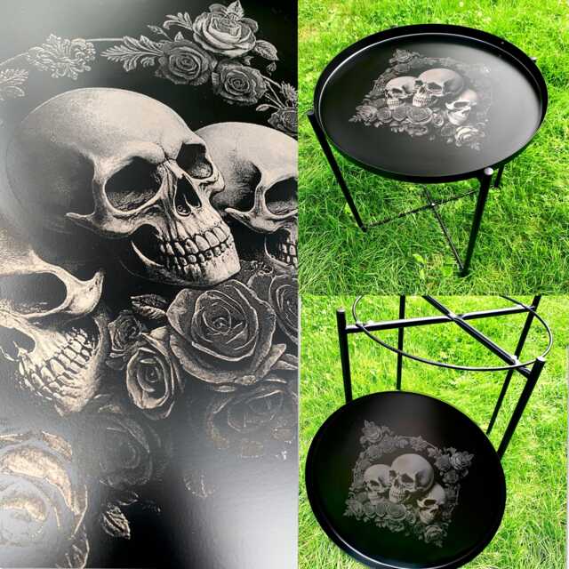 Black Metal Skull Engraved Tray Table Deluxe Skull & Rose Collection Coffee Side, End Bedside Etched Personalised Tattoo Goth Rock Art - image 1