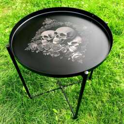 Black Metal Skull Engraved Tray Table Deluxe Skull & Rose Collection Coffee Side, End Bedside Etched Personalised Tattoo Goth Rock Art - thumbnail 2