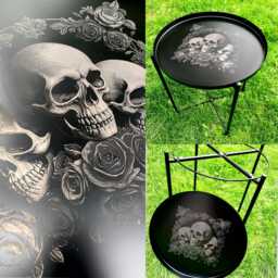 Black Metal Skull Engraved Tray Table Deluxe Skull & Rose Collection Coffee Side, End Bedside Etched Personalised Tattoo Goth Rock Art - thumbnail 1
