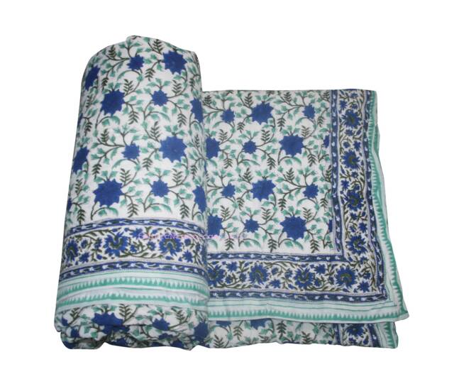 Reversible Floral Print Kantha Quilt Indian Handmade Cotton Blanket Throw - image 1