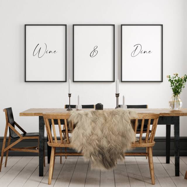 Wine & Dine - Set Of 3 Prints Dining Room Wall Art Kitchen Posters Home Decor Housewarming Gift Typography Quote Unframed - image 1