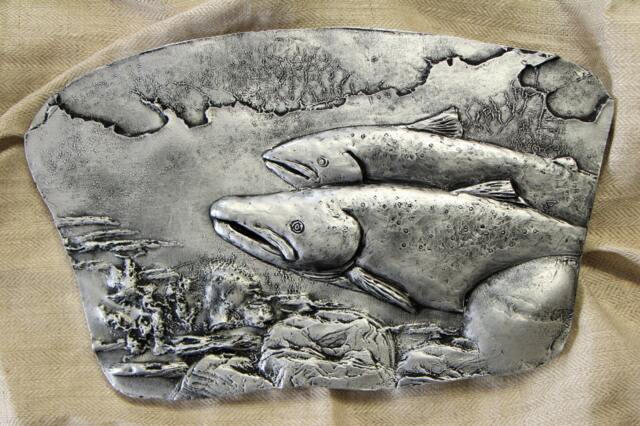 Bas Relief Wall Sculpture Atlantic Salmon Original 3D Wall Art By Syzymstudio Home Office Decor Unique Gift For Fisherman Silver Gold Tile - image 1