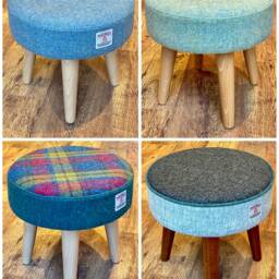 Red Harris Tweed Small Footstool With Dark Varnished Wooden Legs - thumbnail 4