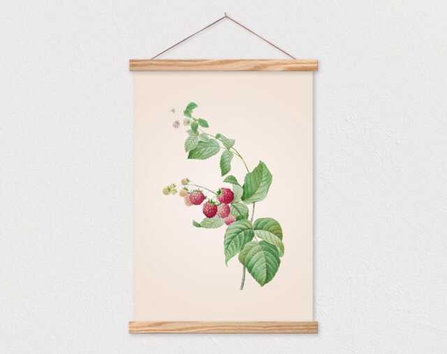 Poster Holder - Vintage Botanical Red Raspberries Canvas With Wood Hanger - Gift For Her - Poster - Frame - image 1