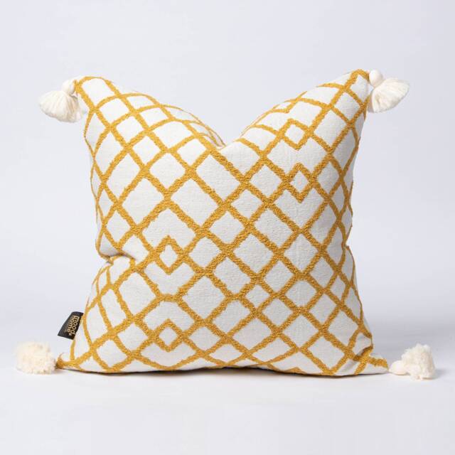 Geometric Pillow Cover With Tassels Mustard Yellow Bohemian Cushion - image 1