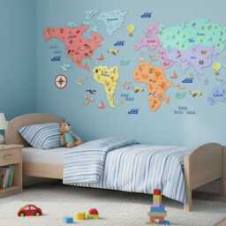 Pastel Acrylic World Map For Kids Educational Animal Wall Art - 1.4M Wide - thumbnail 2