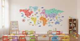 Pastel Acrylic World Map For Kids Educational Animal Wall Art - 1.4M Wide