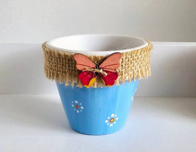 Handpainted Pots, Evil Eye, Butterfly, Mushroom Design, Feature Pots, Natural Terracotta, Butterfly, White Leaves, Heshion Wrapped, Gift Pot - image 1