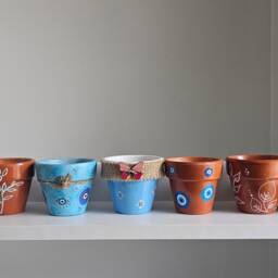 Handpainted Pots, Evil Eye, Butterfly, Mushroom Design, Feature Pots, Natural Terracotta, Butterfly, White Leaves, Heshion Wrapped, Gift Pot - thumbnail 2