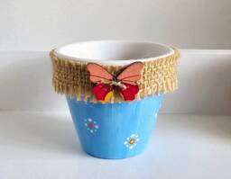 Handpainted Pots, Evil Eye, Butterfly, Mushroom Design, Feature Pots, Natural Terracotta, Butterfly, White Leaves, Heshion Wrapped, Gift Pot