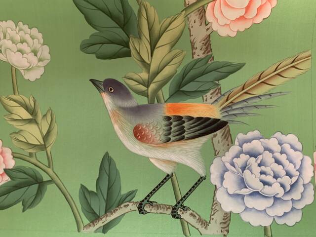 G-005 Sample in Stock For Chinoiserie Handpainted Wallpaper On Emerald Green Silk Sp-13 - image 1