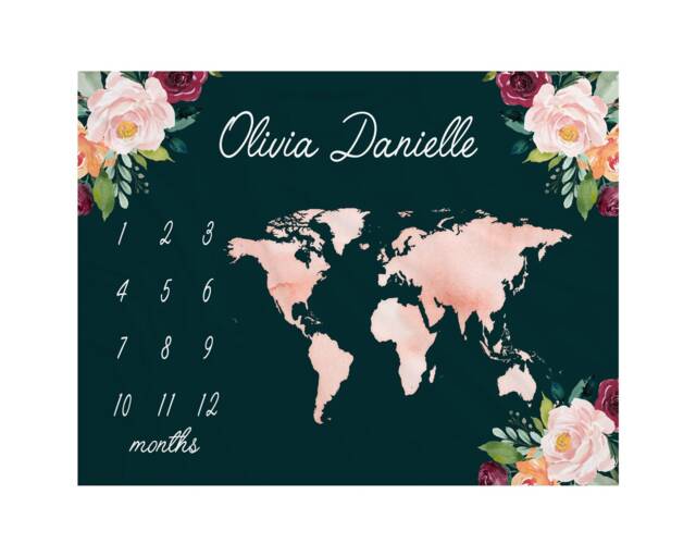 World Milestone Blanket, Baby Floral Map Personalized Shower Gift, Girl - image 1