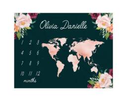 World Milestone Blanket, Baby Floral Map Personalized Shower Gift, Girl - thumbnail 1
