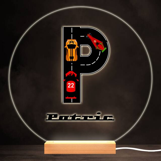 Road Racing Cars Letter P Colourful Round Personalised Gift Led Lamp Night Light - Bedroom - image 1