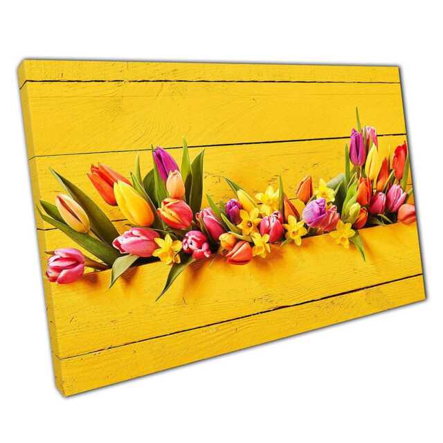 Vibrant Spring Floral Canvas Print Yellow & Pink Wood-Framed Wall Art For Home Or Office Decor - image 1