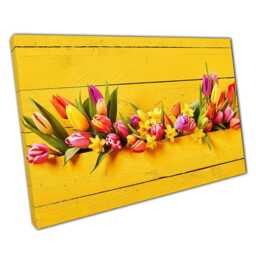 Vibrant Spring Floral Canvas Print Yellow & Pink Wood-Framed Wall Art For Home Or Office Decor - thumbnail 1
