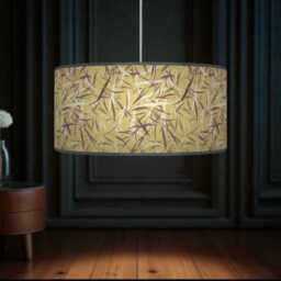 Green Purple Mauve Leaf Print Lampshade - Handmade Floral Drum Pendant Botanical Ceiling Light For Modern Natural Interiors - thumbnail 2