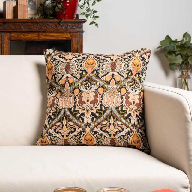 Pomegranate Damask Tapestry Cushion Cover. Heritage Style Floral & Vine Print in Terracotta Red, Earthy Browns & Nature Green. 17x17 - image 1