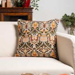 Pomegranate Damask Tapestry Cushion Cover. Heritage Style Floral & Vine Print in Terracotta Red, Earthy Browns & Nature Green. 17x17 - thumbnail 1