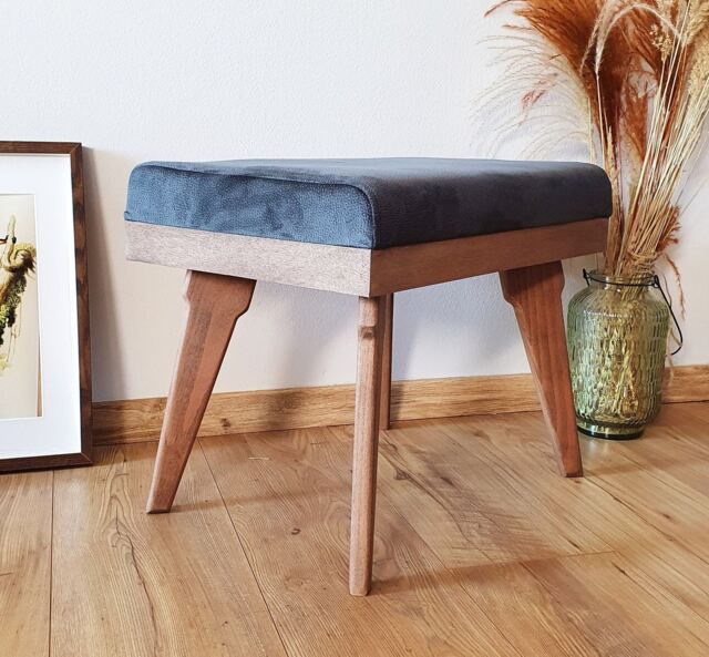Mid Century Ottoman, Grey Fabric, Beech Wood Leg Rest, Handmade - image 1