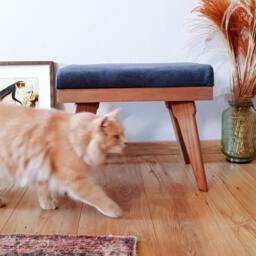 Mid Century Ottoman, Grey Fabric, Beech Wood Leg Rest, Handmade - thumbnail 2