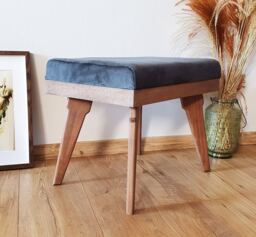 Mid Century Ottoman, Grey Fabric, Beech Wood Leg Rest, Handmade - thumbnail 1