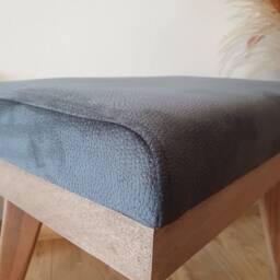 Mid Century Ottoman, Grey Fabric, Beech Wood Leg Rest, Handmade - thumbnail 3