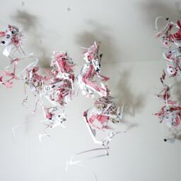 Red Cards- Hanging Vertical Sculpture - Red & White Mobile - thumbnail 3