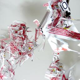 Red Cards- Hanging Vertical Sculpture - Red & White Mobile - thumbnail 2