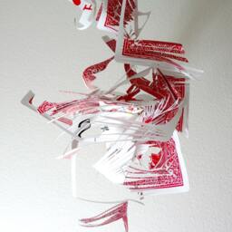 Red Cards- Hanging Vertical Sculpture - Red & White Mobile - thumbnail 4