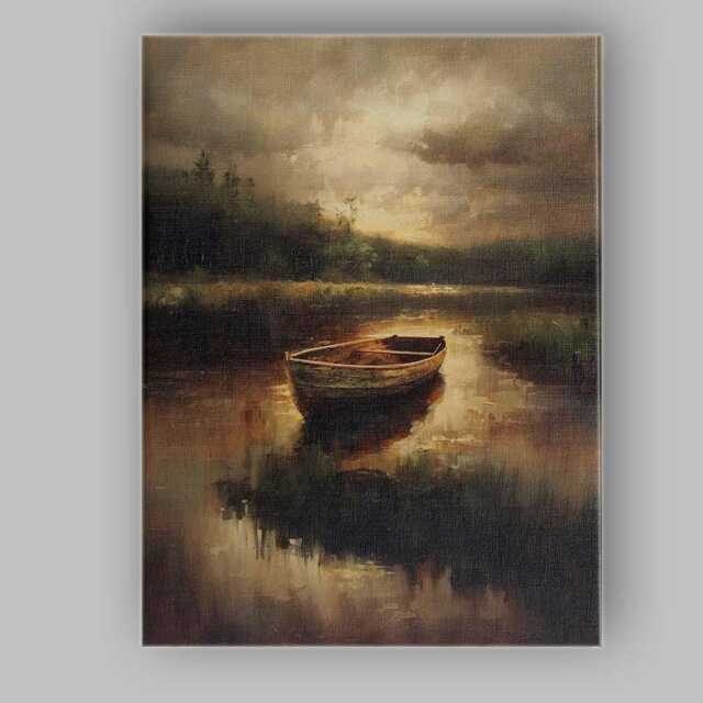 Atmospheric Rowboat Lake Reflection Moody Landscape Canvas Wall Art Print Decor Picture Ready To Hang - image 1
