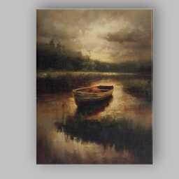 Atmospheric Rowboat Lake Reflection Moody Landscape Canvas Wall Art Print Decor Picture Ready To Hang - thumbnail 1