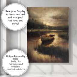 Atmospheric Rowboat Lake Reflection Moody Landscape Canvas Wall Art Print Decor Picture Ready To Hang - thumbnail 3