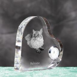 Balinese Cat - Crystal Clock in The Shape Of A Heart With Image Pure-Bred Cat - thumbnail 3