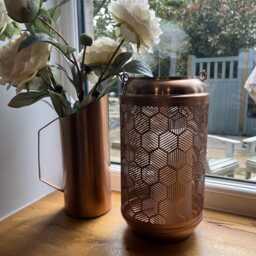 Copper Candle Lantern. Handcrafted Geometric Fretwork - thumbnail 3