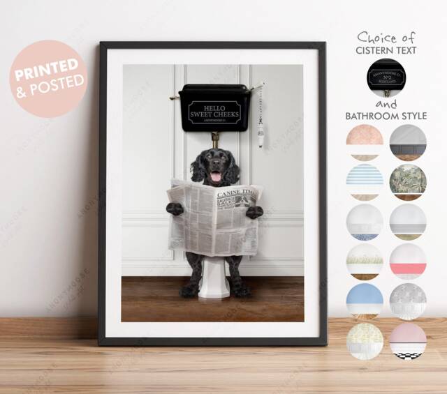 Black Cocker Spaniel Dog On Toilet With Newspaper, Victorian Print, Funny Bathroom Toilet, Toilet Humour Print - image 1
