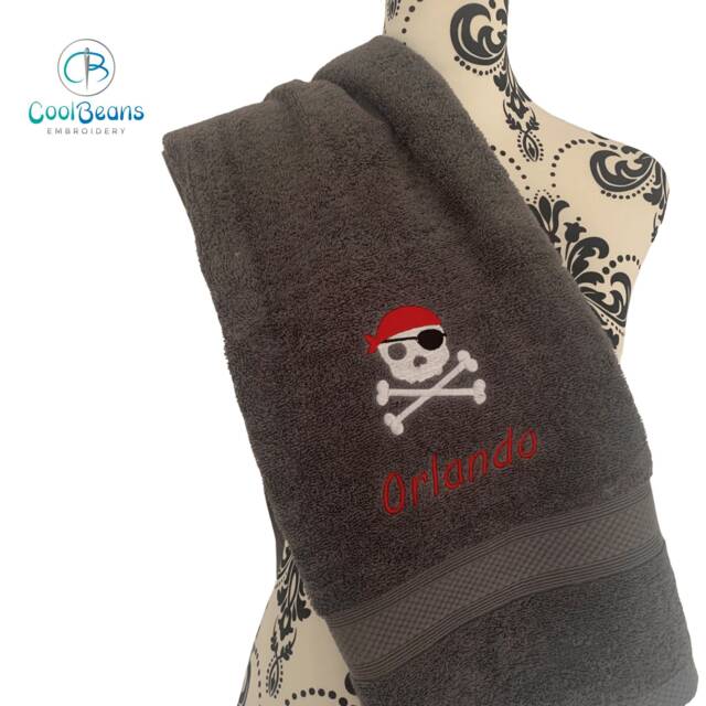 Pirate Towel - Personalised Face Cloth/Hand Bath = Embroidered Skull & Crossbones - image 1