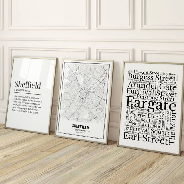 Sheffield Prints, Set Of Three Wall Print, Definition Map Street Gift - image 1