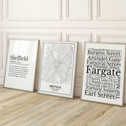 Sheffield Prints, Set Of Three Wall Print, Definition Map Street Gift - thumbnail 1