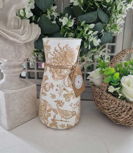 Beautiful Beige/Gold Bird & Floral Toile Decoupaged Glass Vase.other Colours Available - image 1