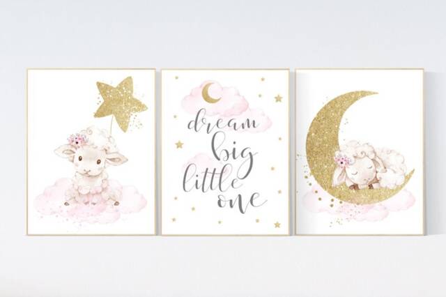 Sheep Nursery Decor Pink & Gold Moon, Cloud, Star Art Print - image 1