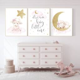 Sheep Nursery Decor Pink & Gold Moon, Cloud, Star Art Print - thumbnail 2